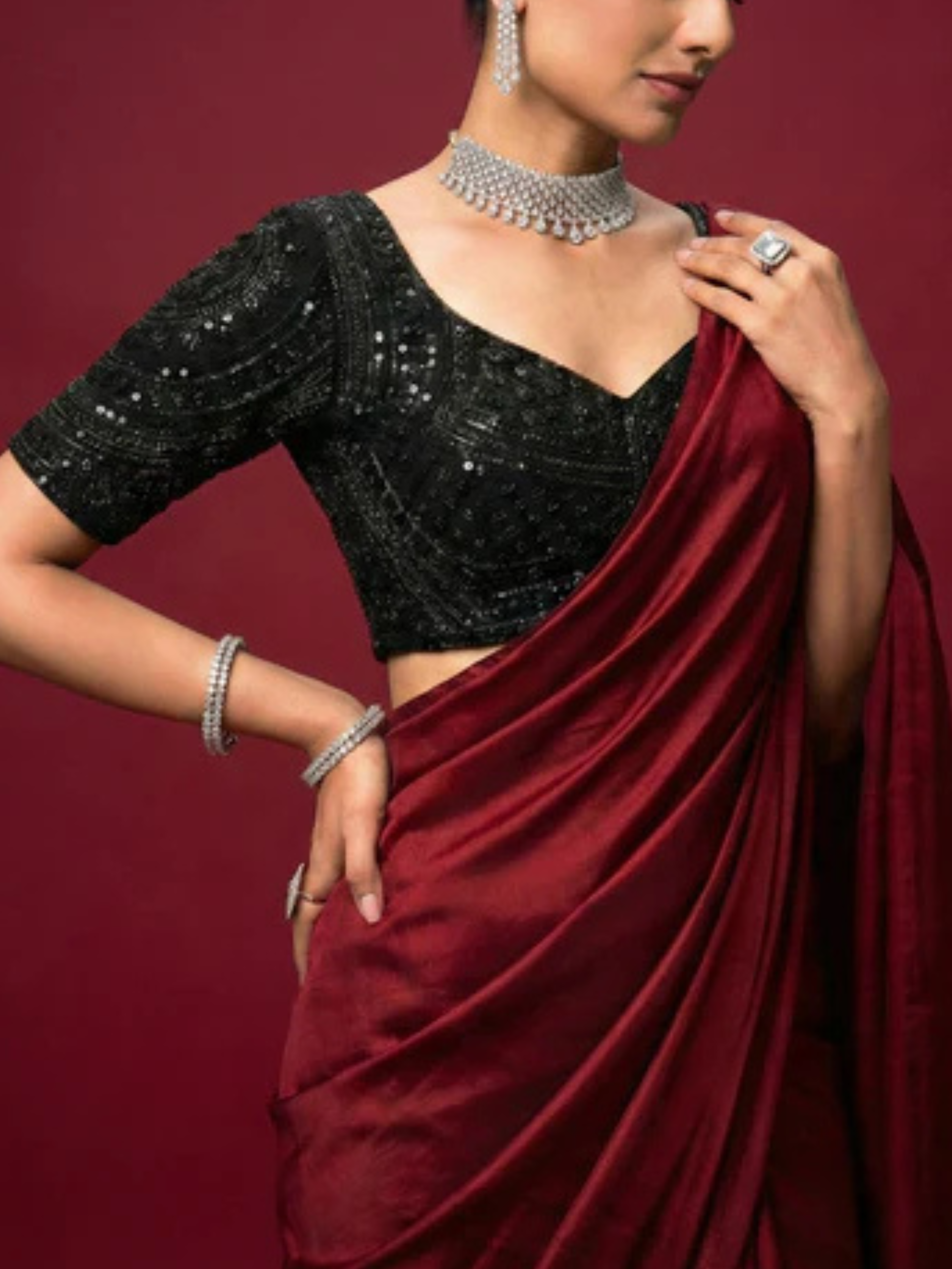 Black Hand Embroidered Cut Dana Sabya Blouse – Free-Size Adjustable 32–40 inches | Couture Designer Blouse
