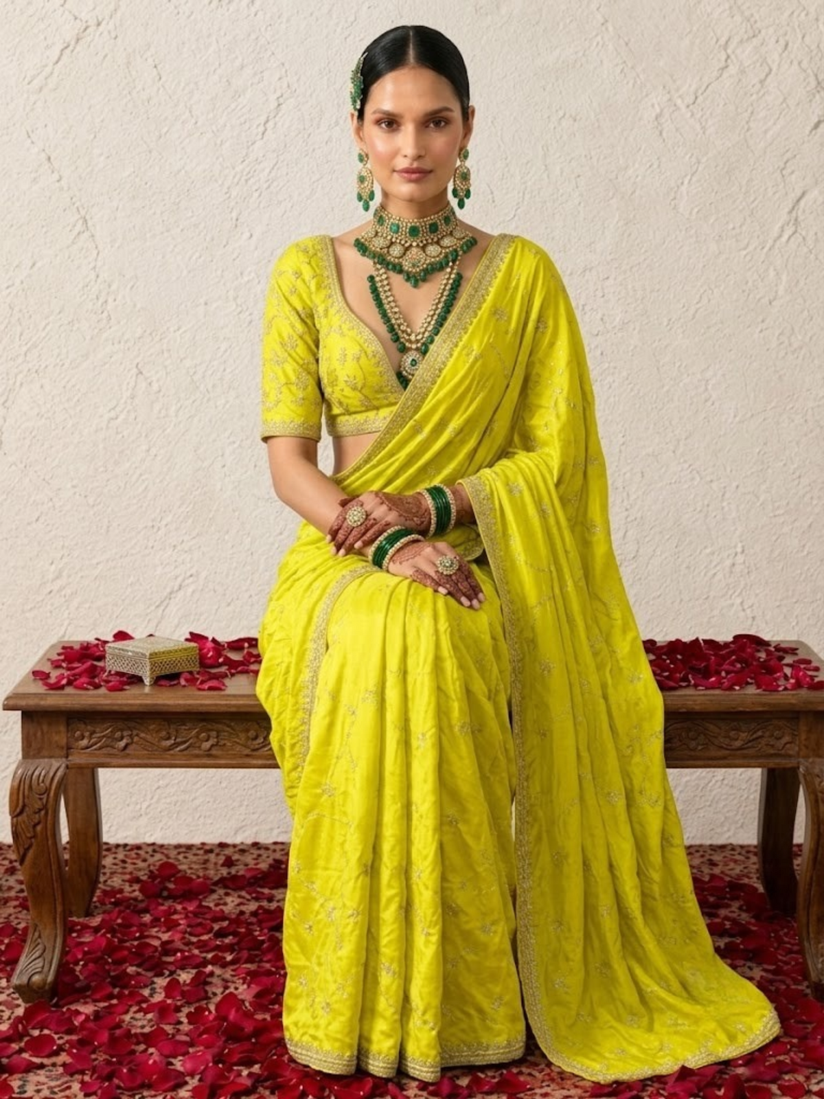 Lime Metallic Satin Allover Hand Beaded Cut Dana Saree with Matching Beaded Blouse Fabric
