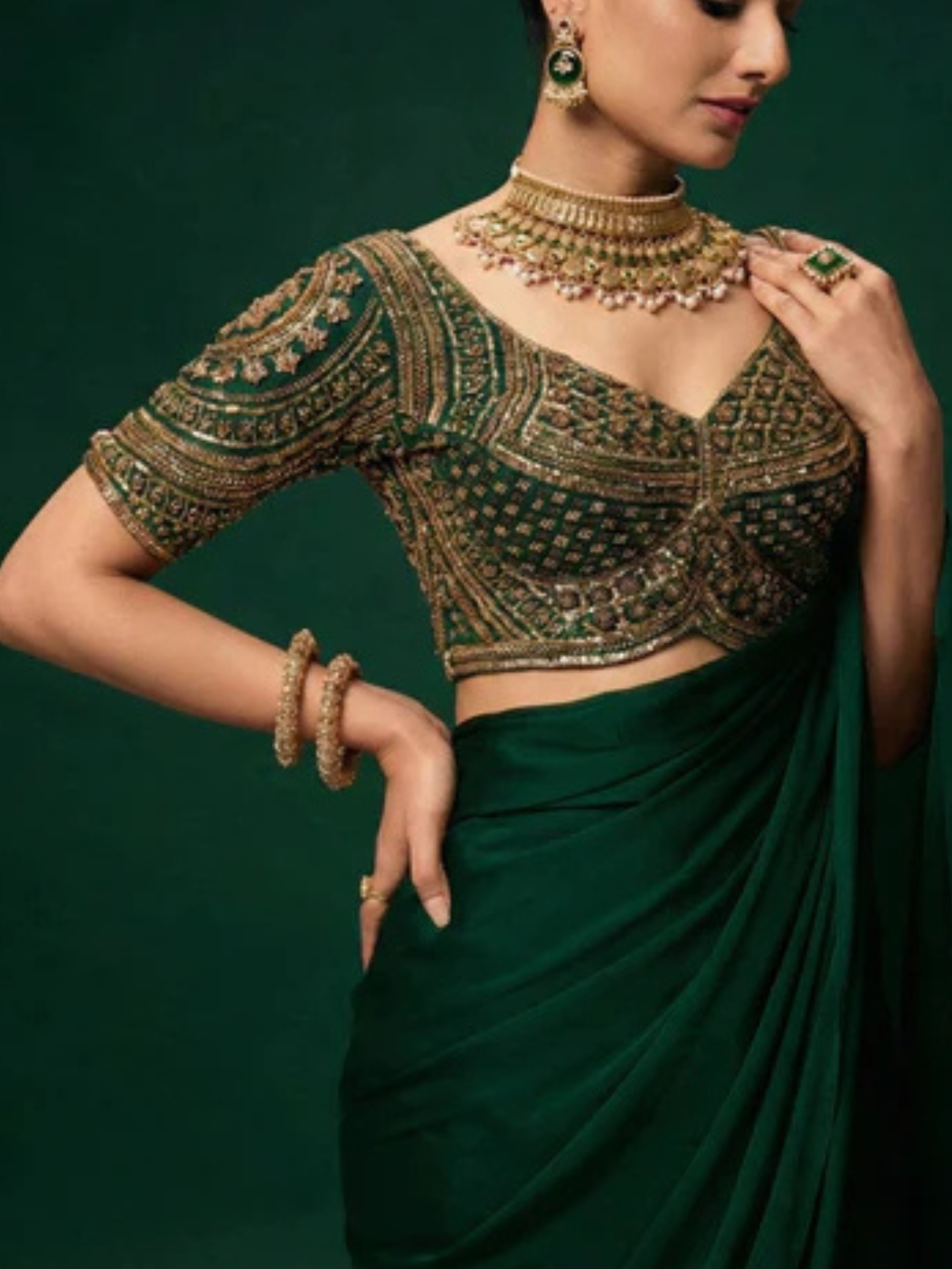 Green Hand Embroidered Cut Dana Sabya Blouse – Free-Size Adjustable 32–40 inches | Couture Designer Blouse