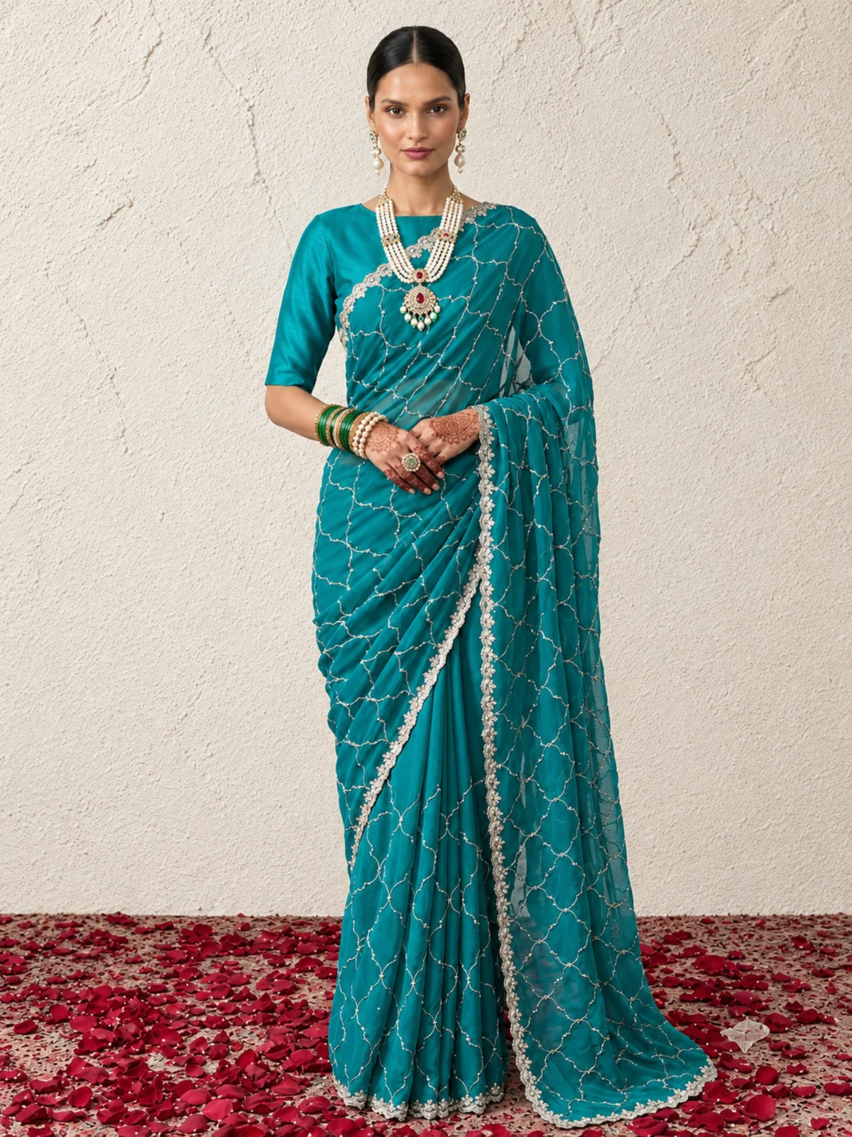 Blue and Green Metallic Satin Hand Beaded Cut Dana Jaal Saree with Matching Beaded Blouse Fabric