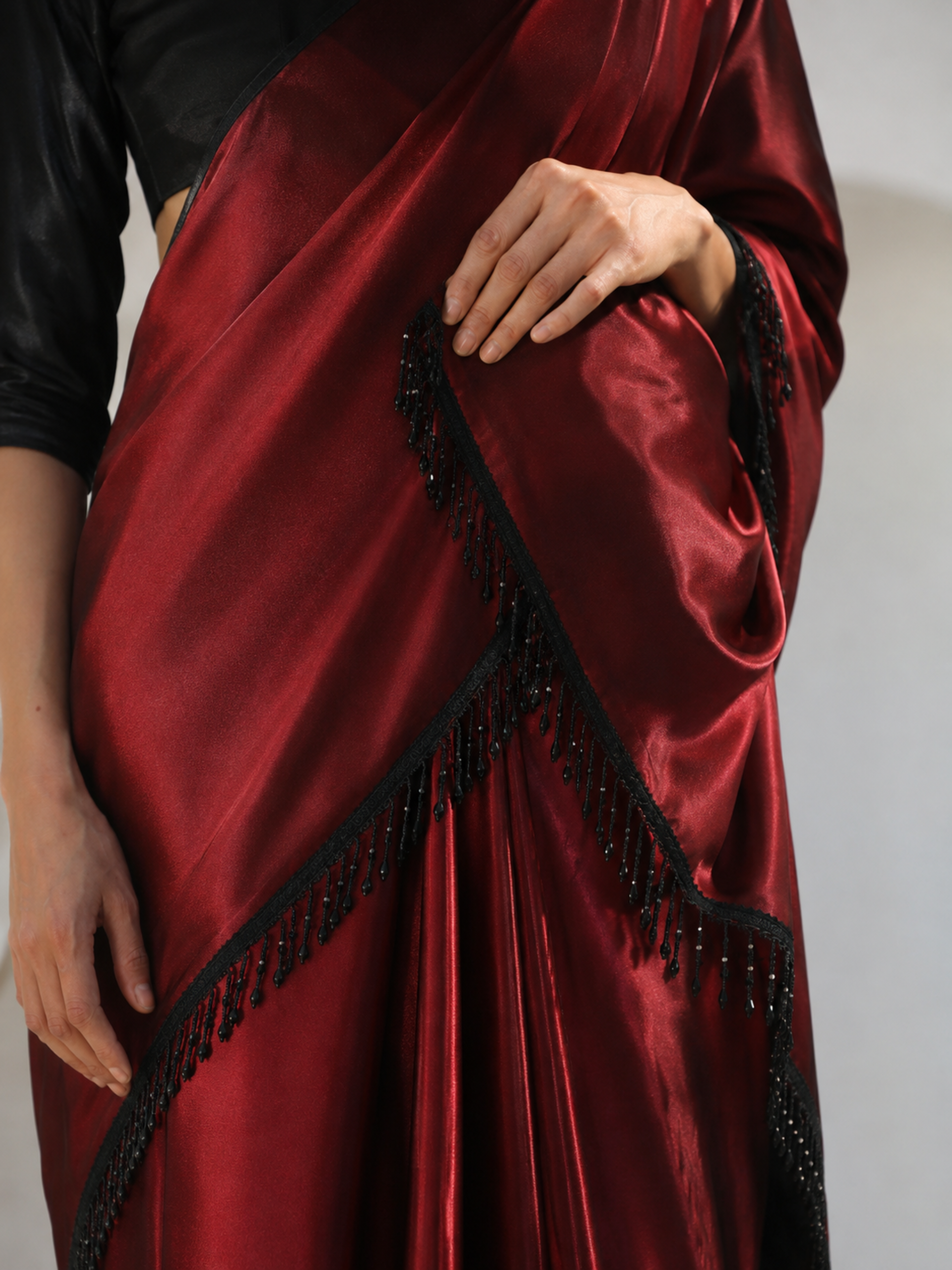 Rosewood Dual Shade Satin Saree with Hanging Lace and Self Blouse Fabric