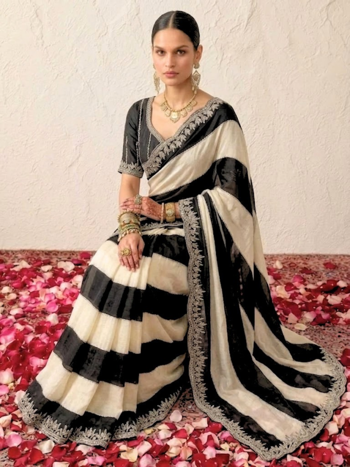 Black and White Striped Metallic Satin Hand Beaded Saree with Matching Beaded Blouse Fabric