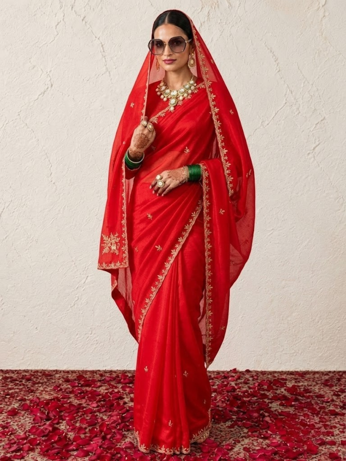 Red and Pink Metallic Satin Scalloped Leaf Hand Beaded Saree with Matching Beaded Blouse Fabric