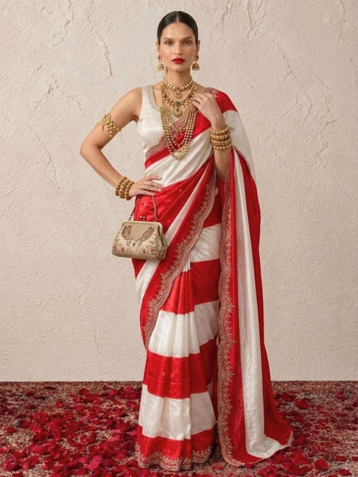Red and Cream Striped Metallic Satin Hand Beaded Saree with Matching Beaded Blouse Fabric