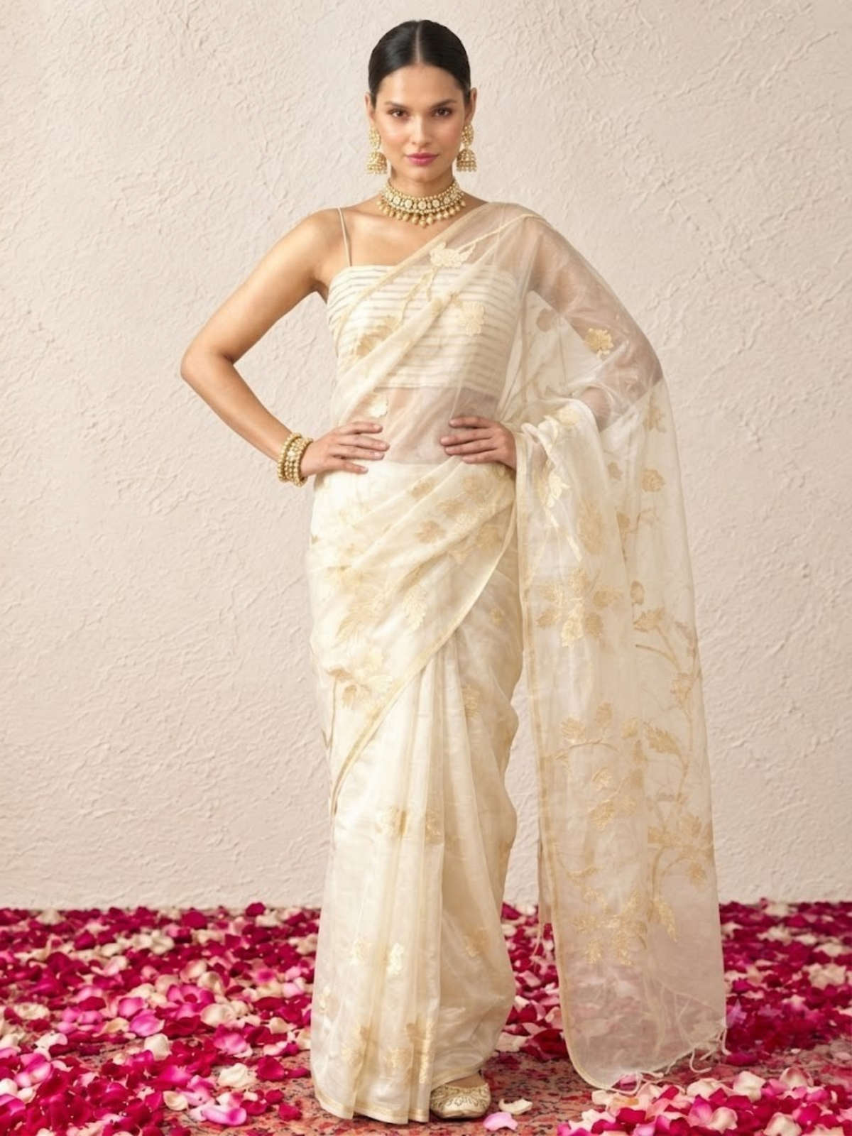 Cream Organza Saree with Zari Buti and Matching Stripe Blouse Fabric