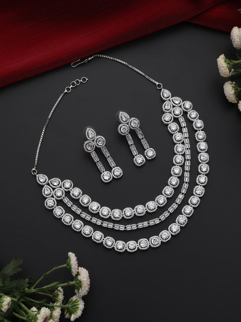 3 Line White Diamond String Necklace and Earring Set