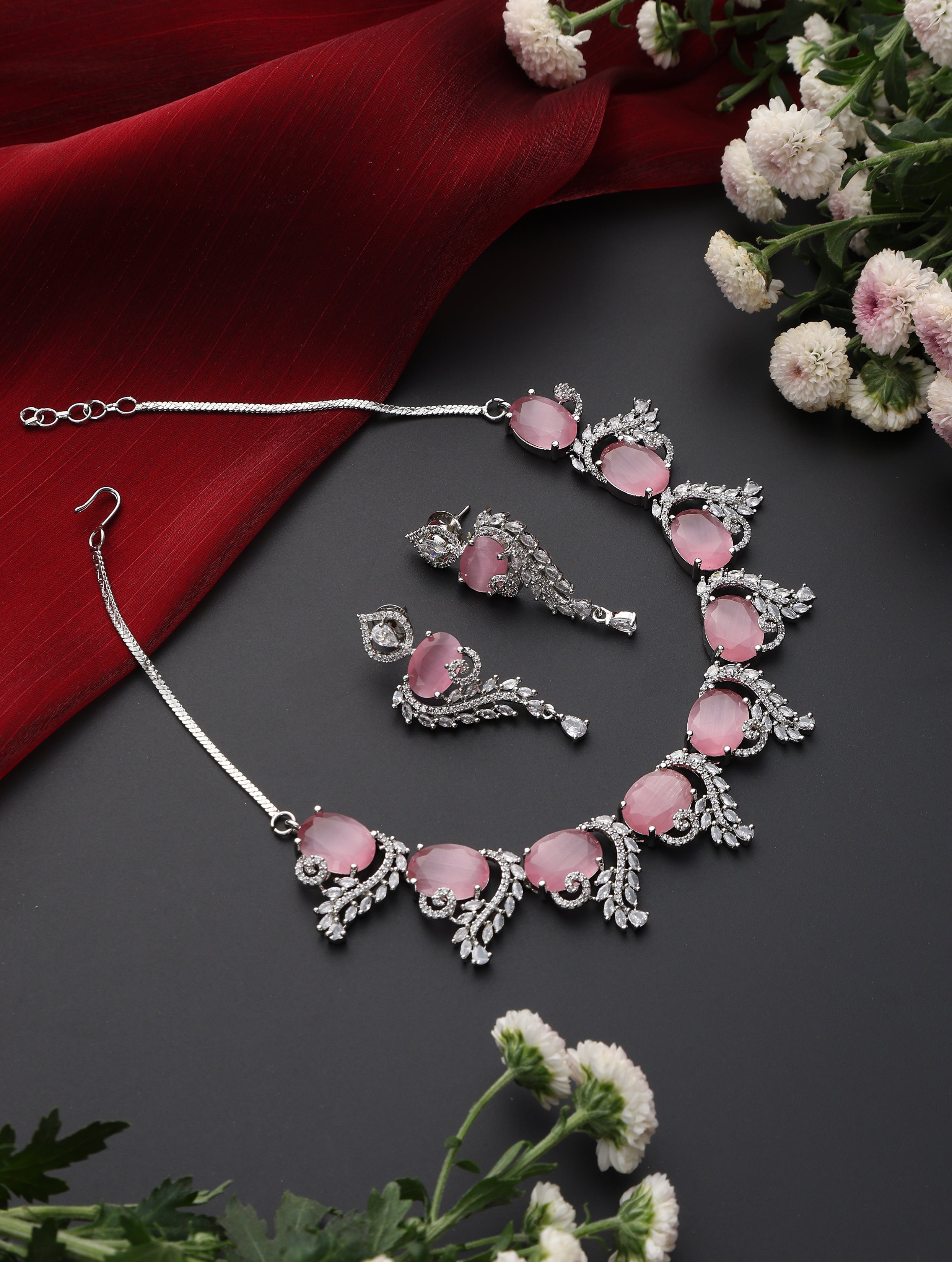 Luxury Pink Color American Diamond Premium Necklace & Earring Set