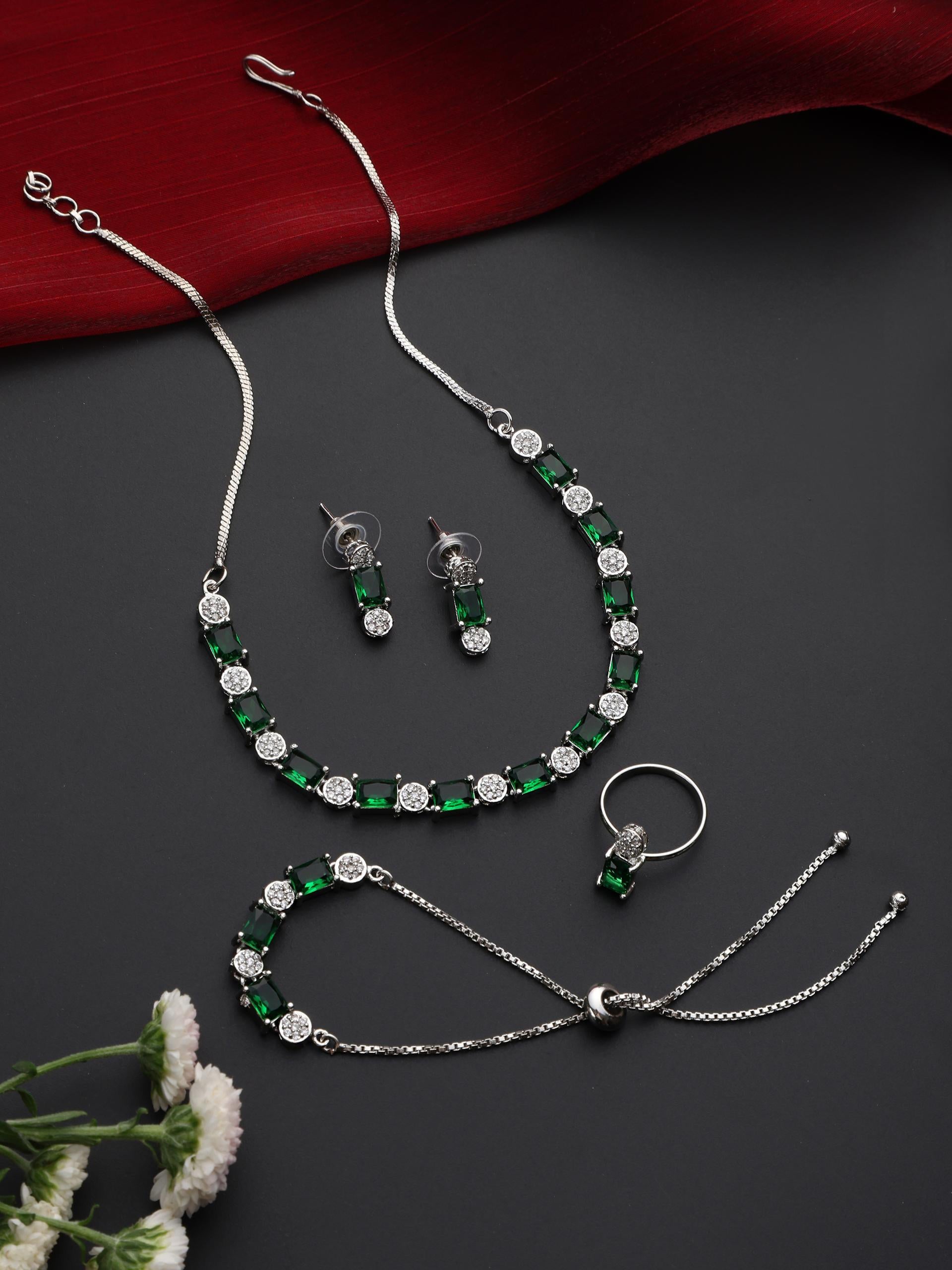 SET - Green Diamond Necklace, Earring, Ring, Bracelet