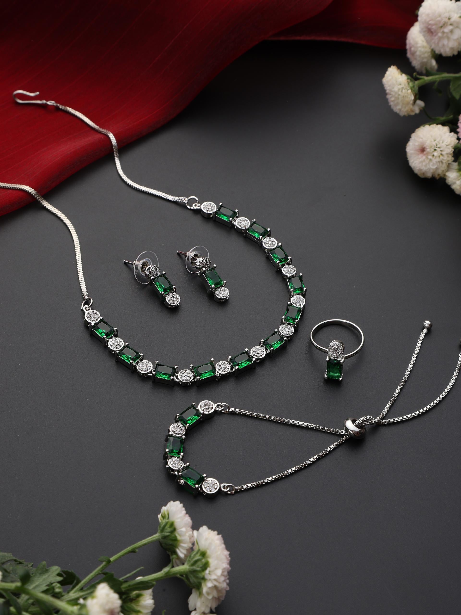 SET - Green Diamond Necklace, Earring, Ring, Bracelet