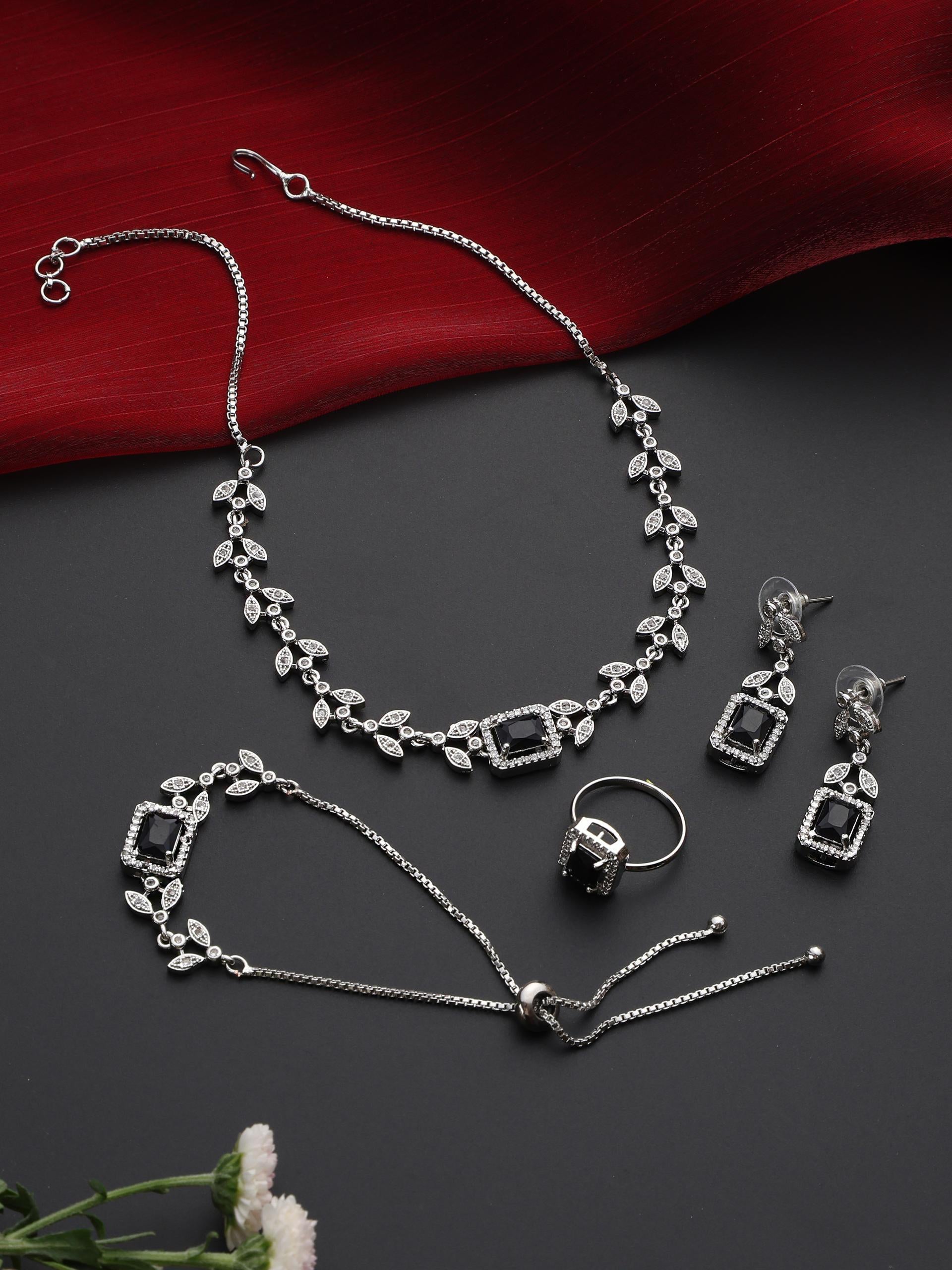 Buy SET Black Petal Diamond Necklace, Earring, Ring, Bracelet Online