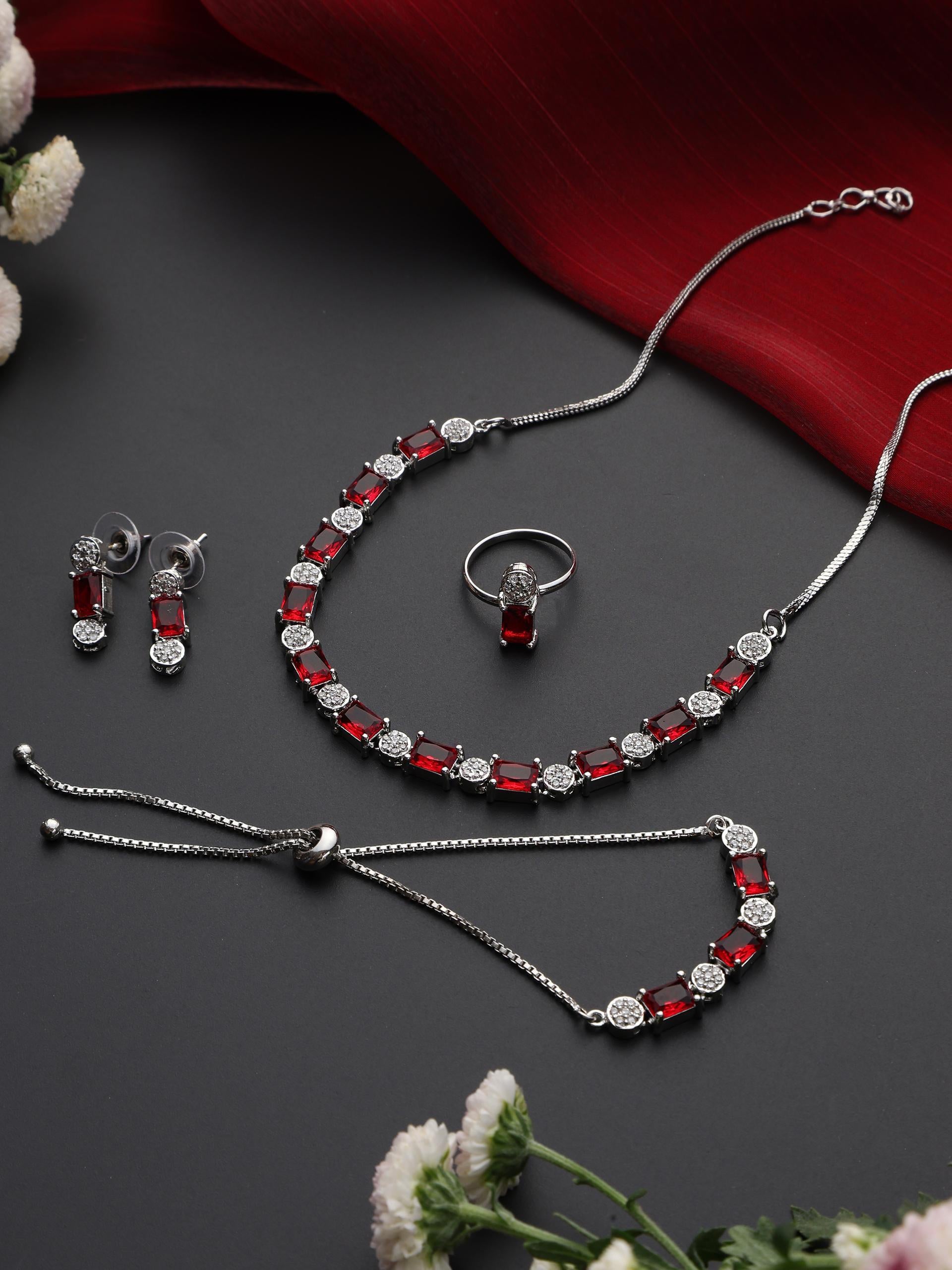 Buy SET Red Diamond Necklace, Earring, Ring, Bracelet Online