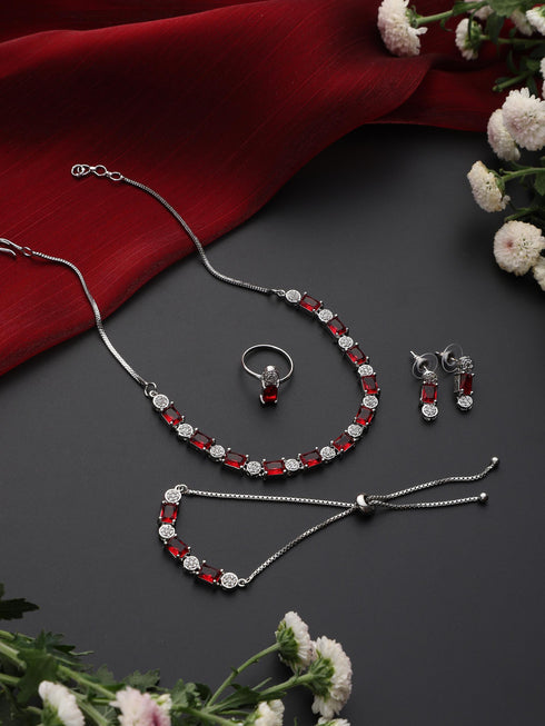 SET - Red Diamond Necklace, Earring, Ring, Bracelet