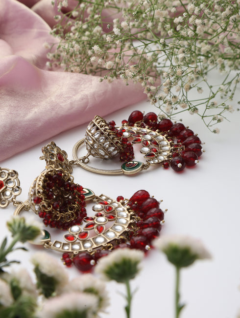 Maroon Color Round Kundan Jhumka Earrings