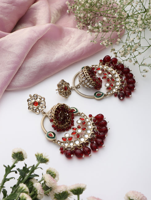 Maroon Color Round Kundan Jhumka Earrings