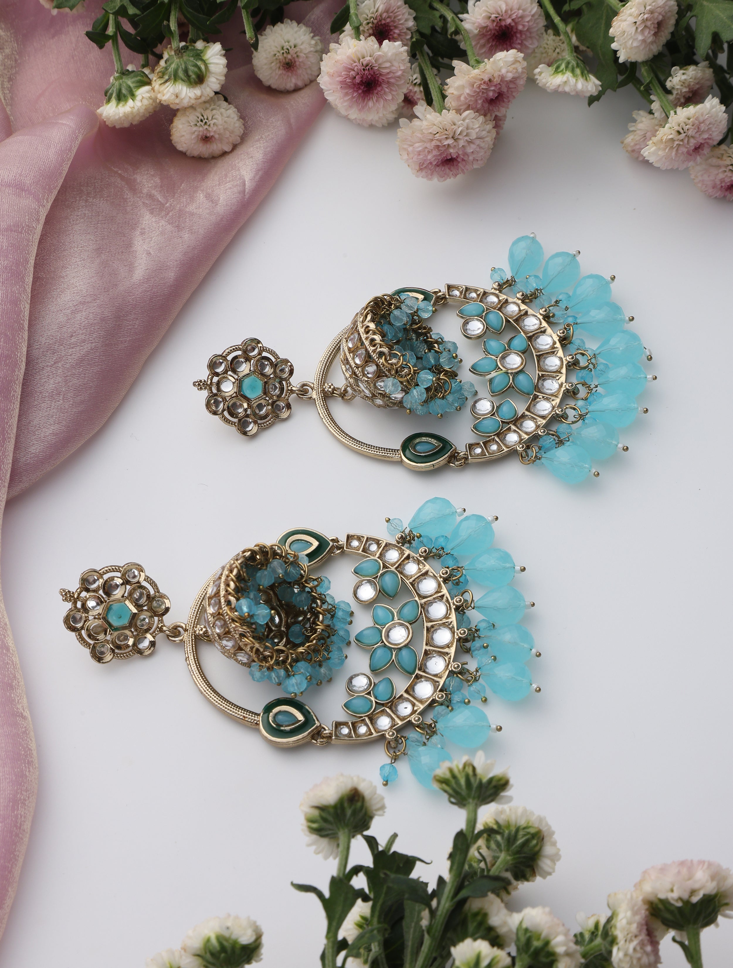 Sky Blue Color Round Kundan Jhumka Earrings