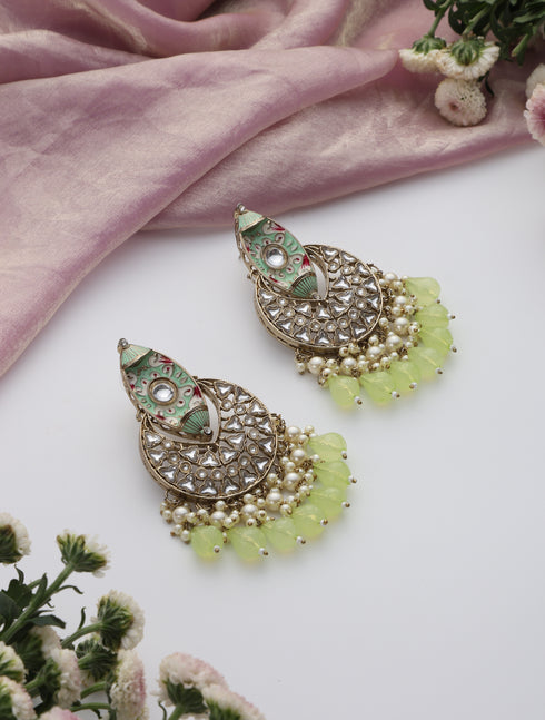 Pista Green Color Meenakari Kundan Earrings