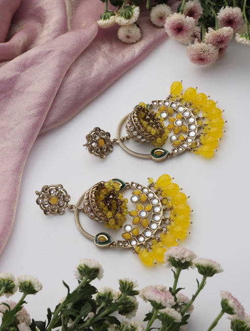 Yellow Color Round Kundan Jhumka Earrings