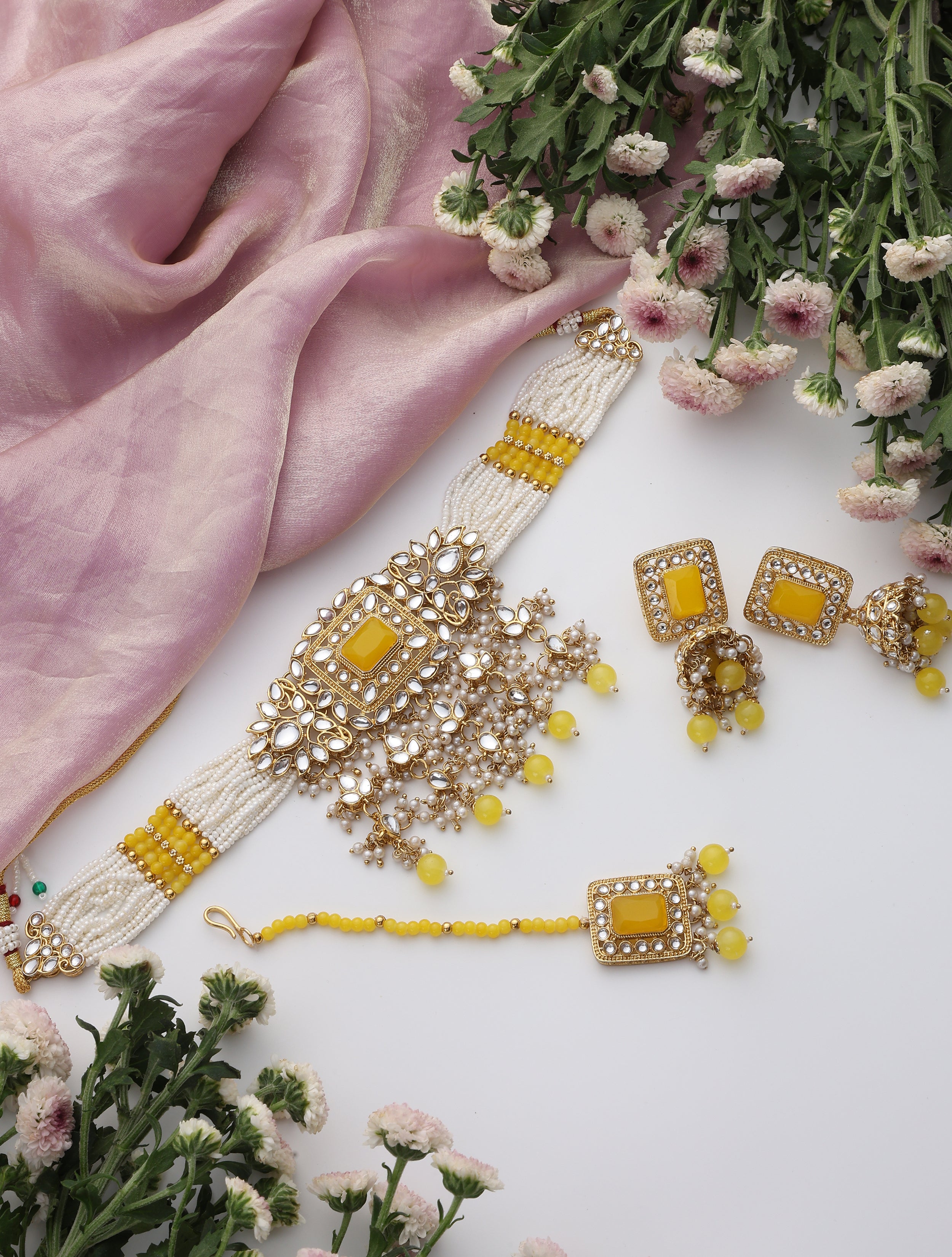 Yellow Pearl Choker Kundan Necklace, Earring and Maang Teeka Set