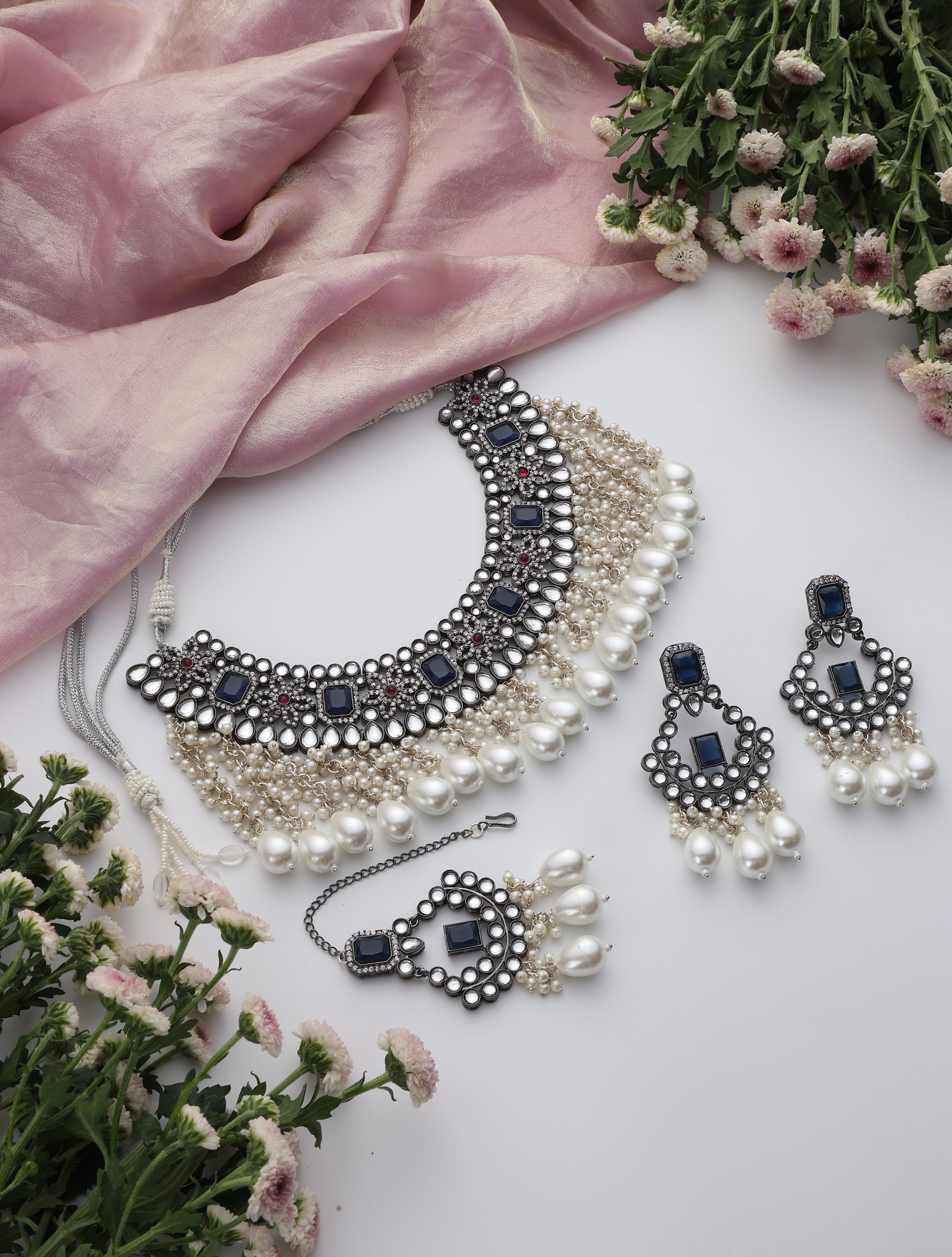 Blue Pearl Drop American Diamond Necklace, Earring and Maang Teeka Set