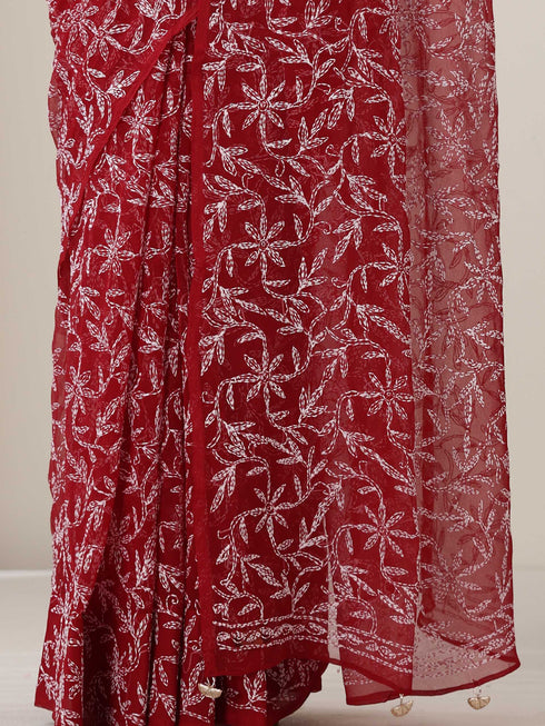 Maroon Hand Chikankari Tepchi Saree with Blouse Fabric