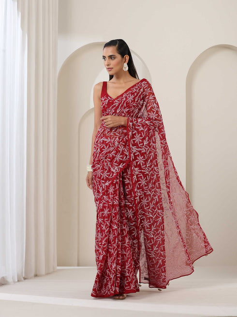 Maroon Hand Chikankari Tepchi Saree with Blouse Fabric