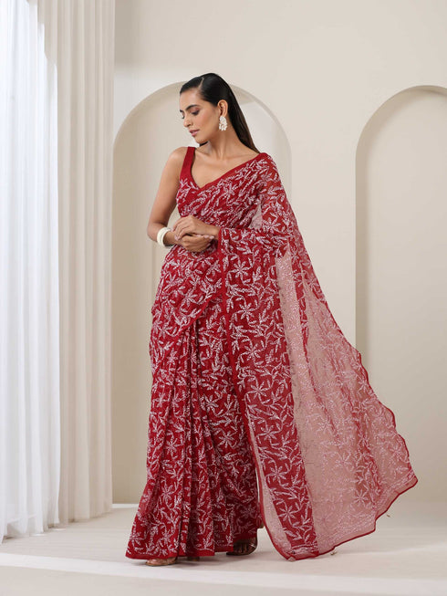 Maroon Hand Chikankari Tepchi Saree with Blouse Fabric