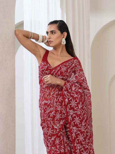 Maroon Hand Chikankari Tepchi Saree with Blouse Fabric