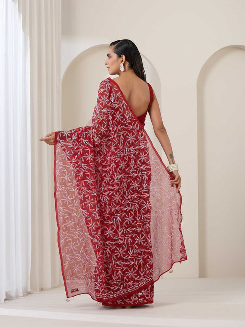 Maroon Hand Chikankari Tepchi Saree with Blouse Fabric