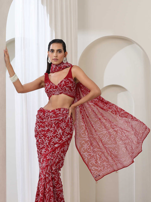 Maroon Hand Chikankari Tepchi Saree with Blouse Fabric