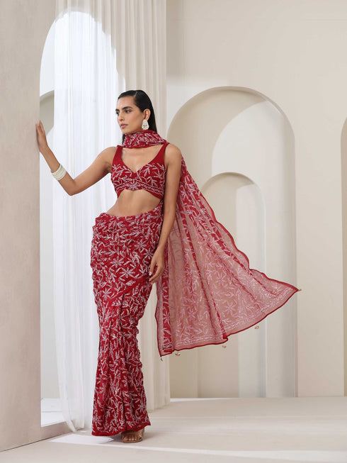 Maroon Hand Chikankari Tepchi Saree with Blouse Fabric