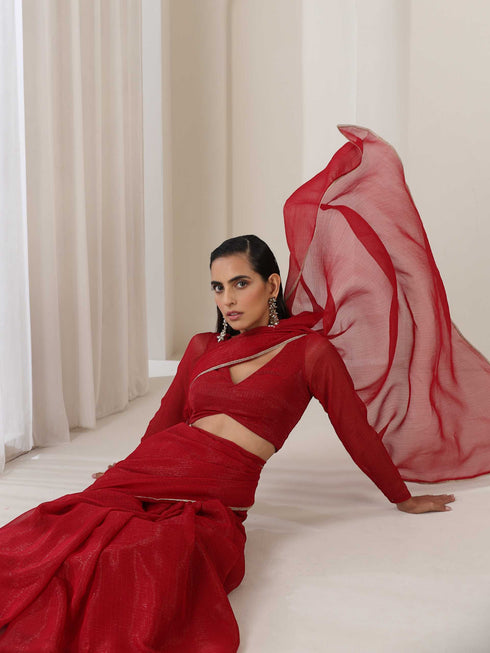 Red Kota Saree with Lace and Blouse Fabric