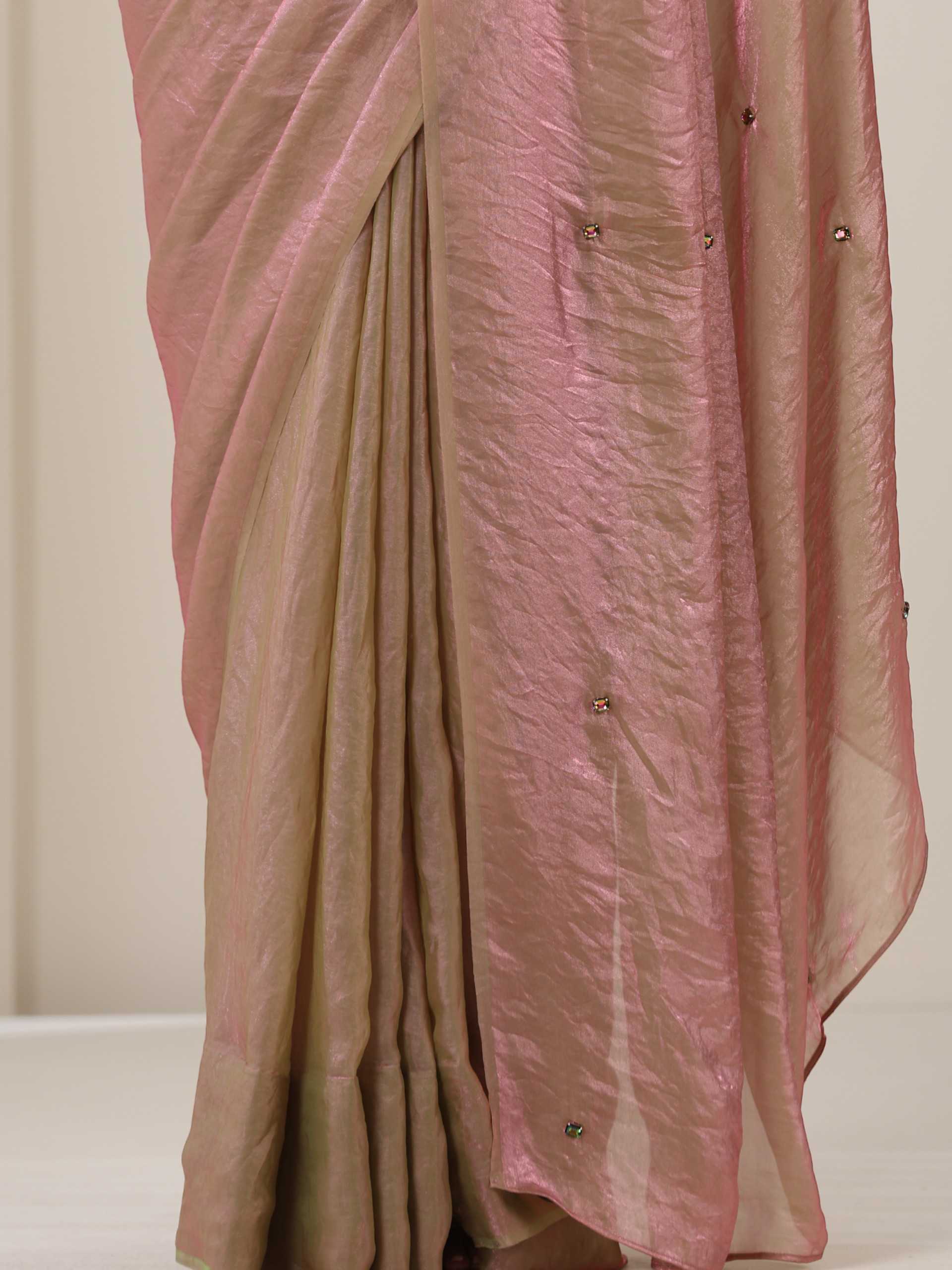 Grass is Pink Metallic Satin Saree with Chameleon Diamonds and Blouse Fabric