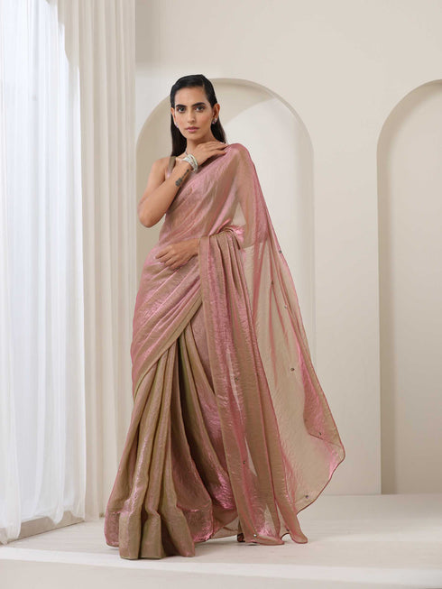 Grass is Pink Metallic Satin Saree with Chameleon Diamonds and Blouse Fabric