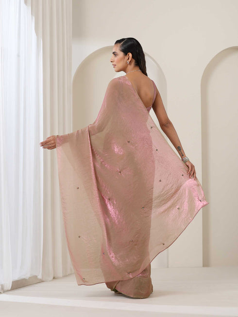 Grass is Pink Metallic Satin Saree with Chameleon Diamonds and Blouse Fabric