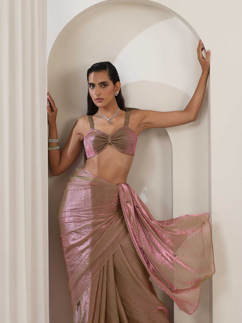 Grass is Pink Metallic Satin Saree with Chameleon Diamonds and Blouse Fabric
