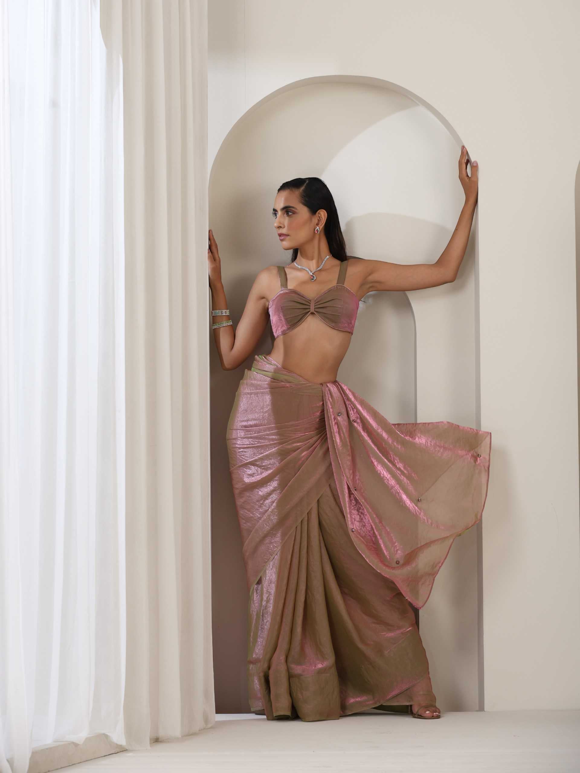 Grass is Pink Metallic Satin Saree with Chameleon Diamonds and Blouse Fabric