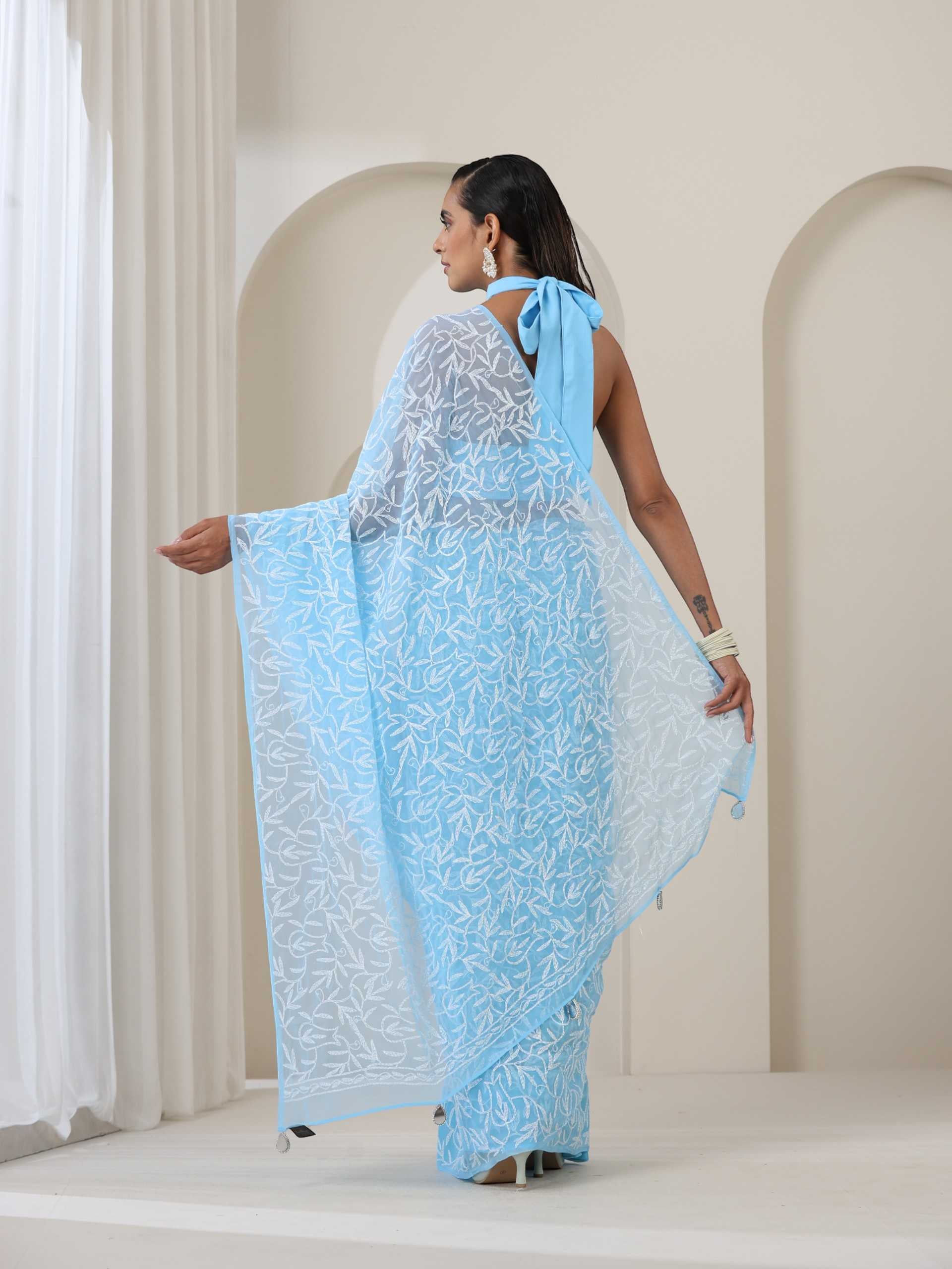 Light Blue Hand Chikankari Tepchi Saree with Blouse Fabric