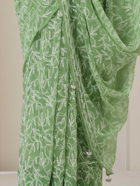 Green Hand Chikankari Tepchi Saree with Blouse Fabric