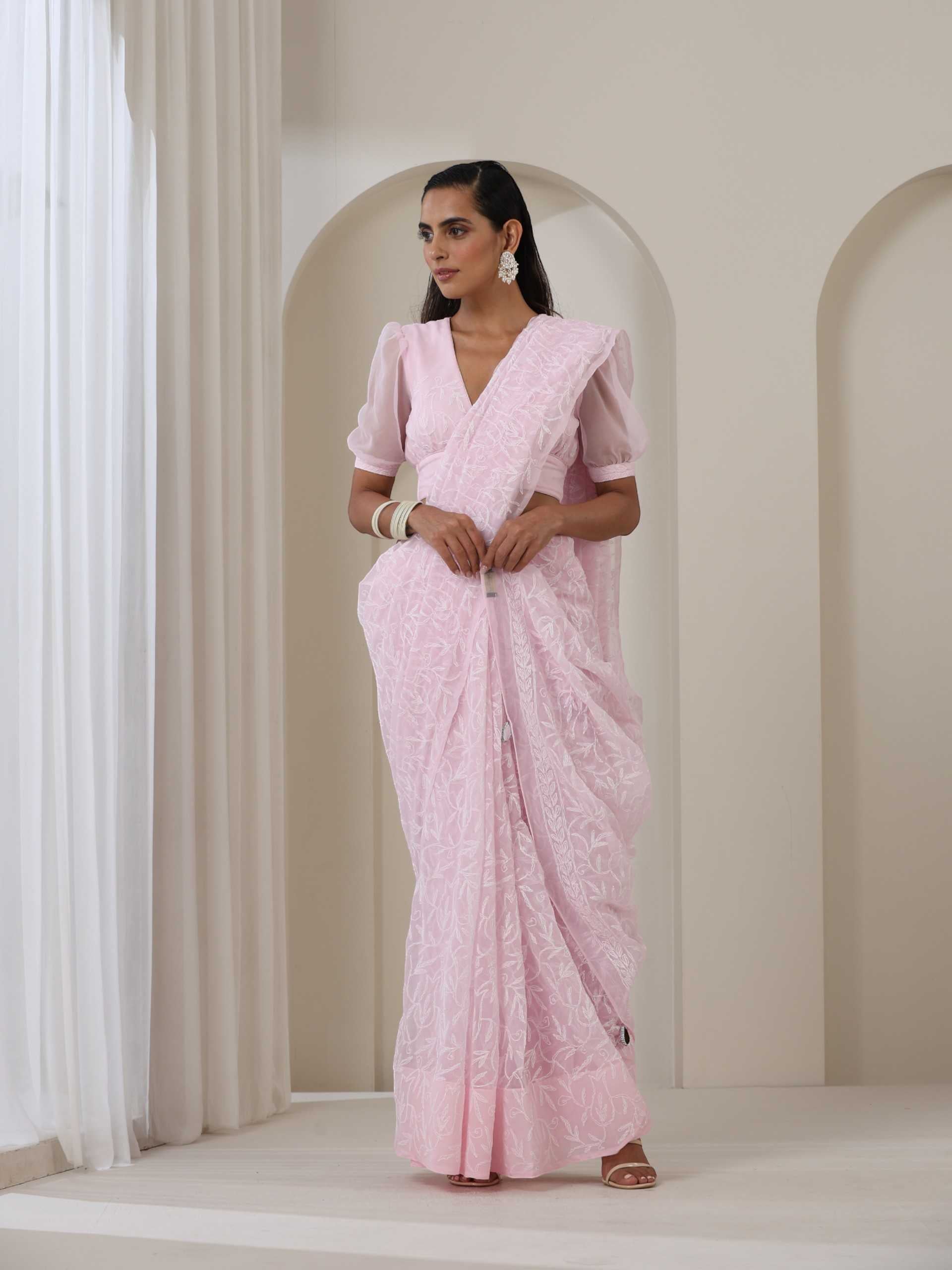 Light Pink Hand Chikankari Tepchi Saree with Blouse Fabric