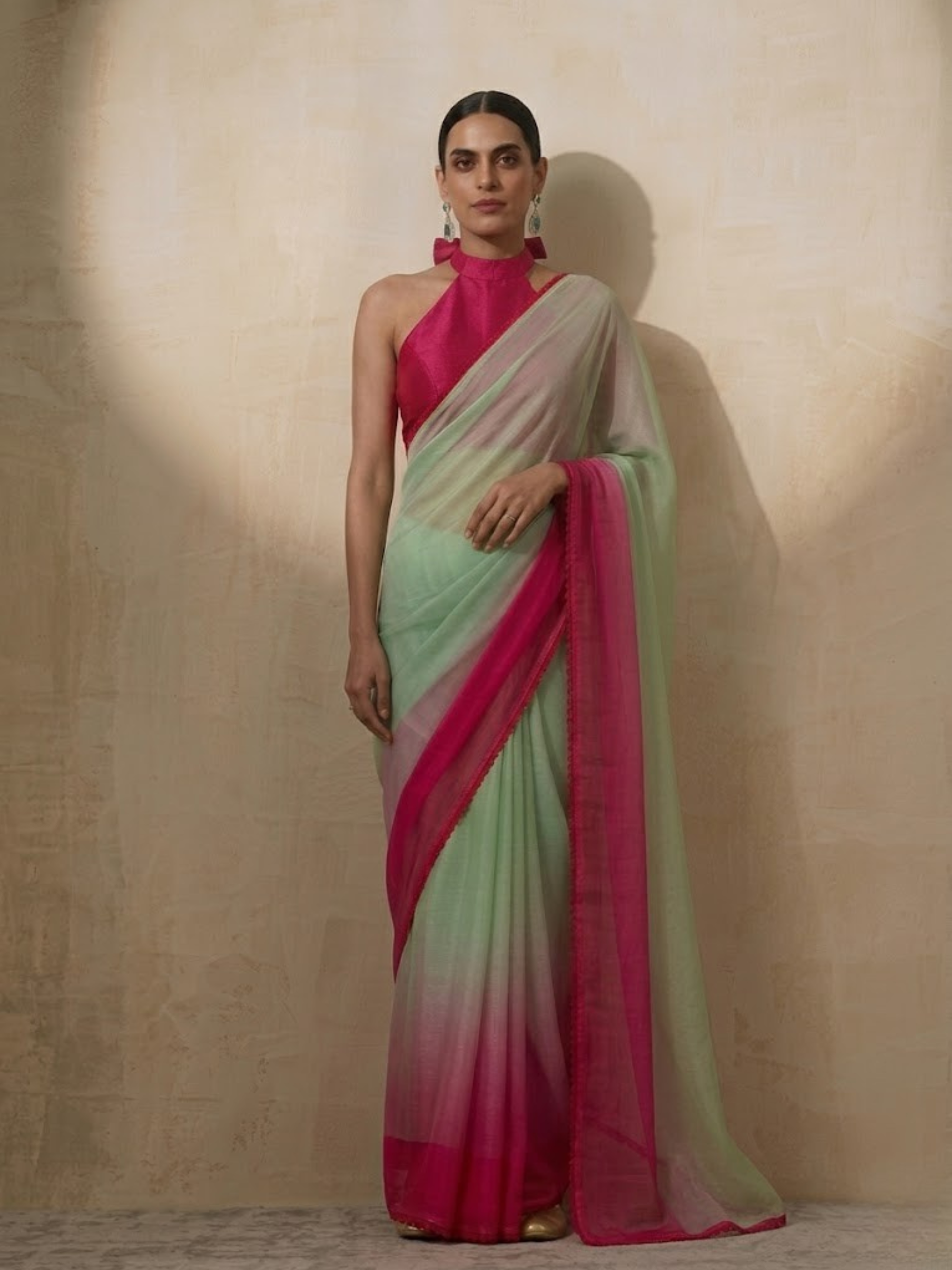 Green Coral Ombre Chiffon Saree with Self Fabric Blouse