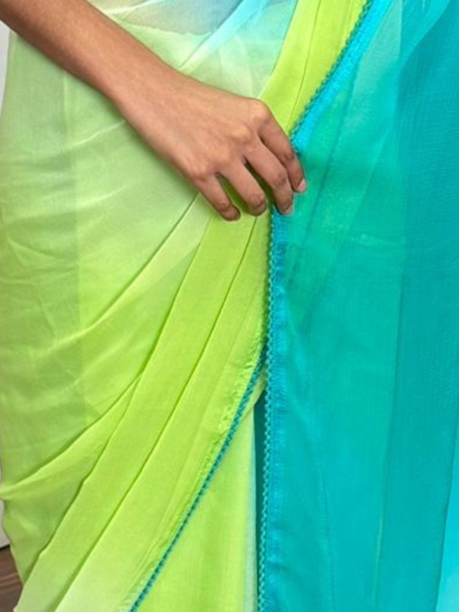 Blue and green ombre chiffon saree with self fabric blouse — view 6
