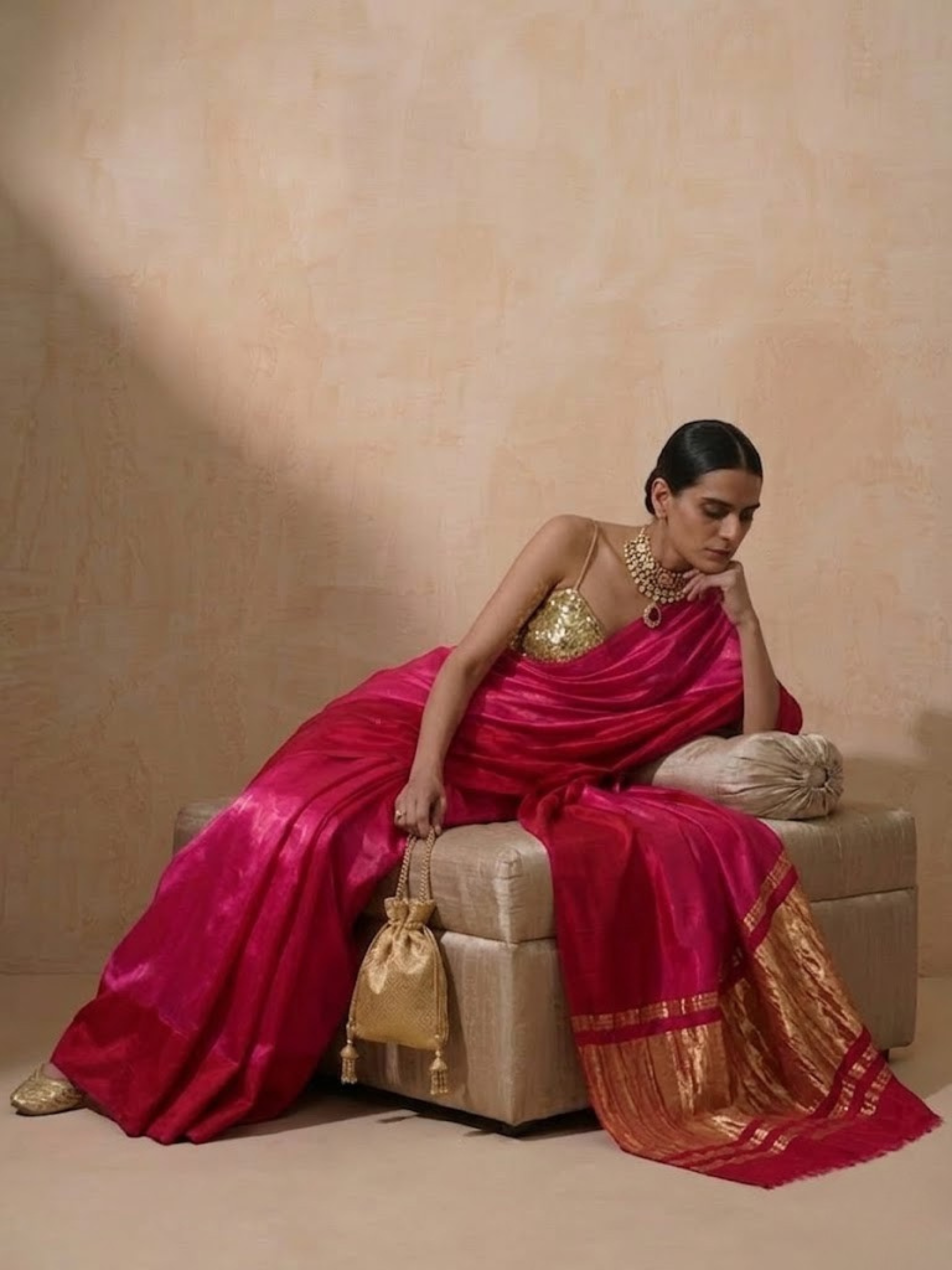 Gajji Silk Red Pink Ombre Saree with Self Blouse Fabric