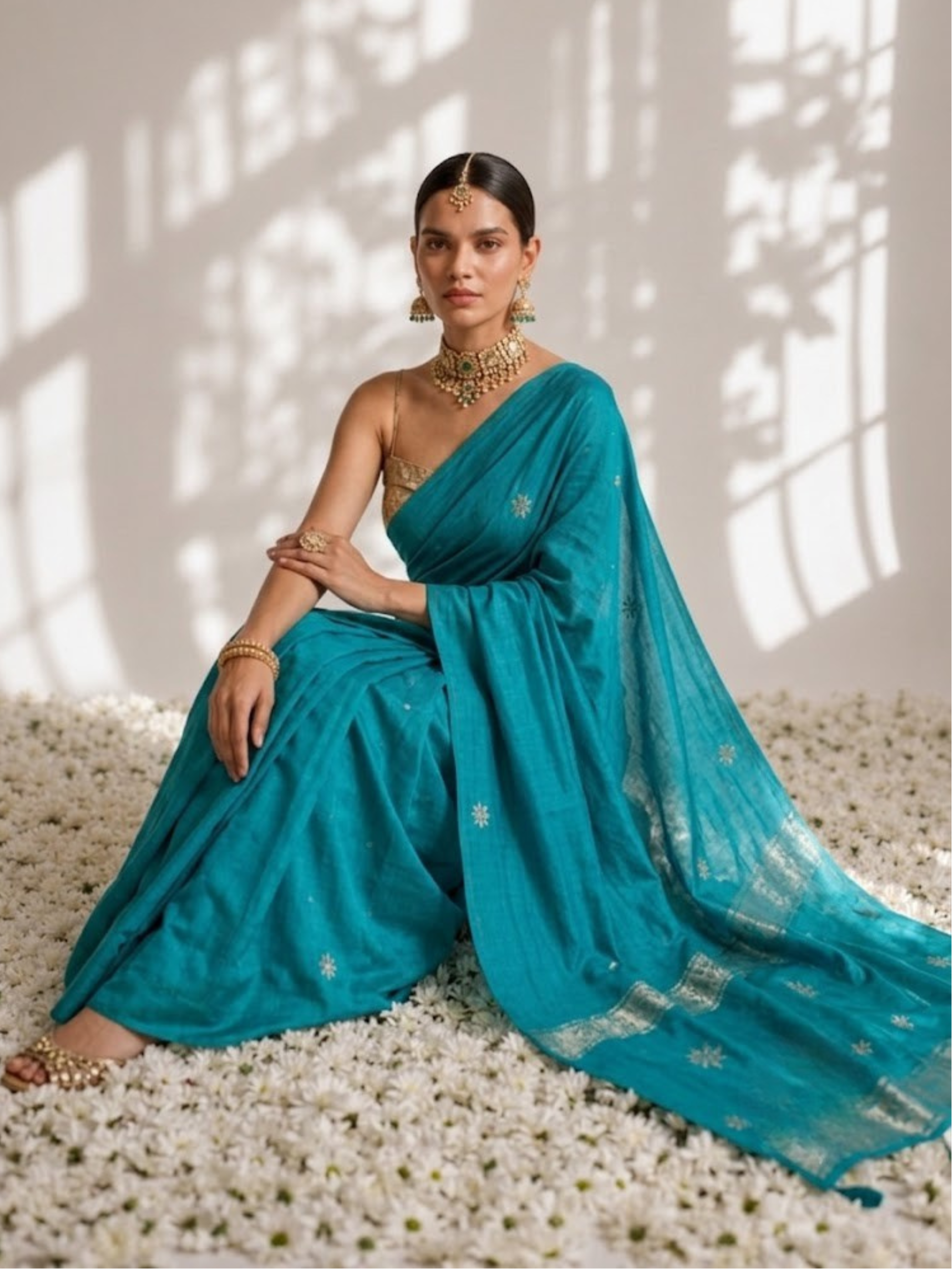 Malachite Green Soft Silk Blend Bhagalpur Saree with Self Blouse Fabric