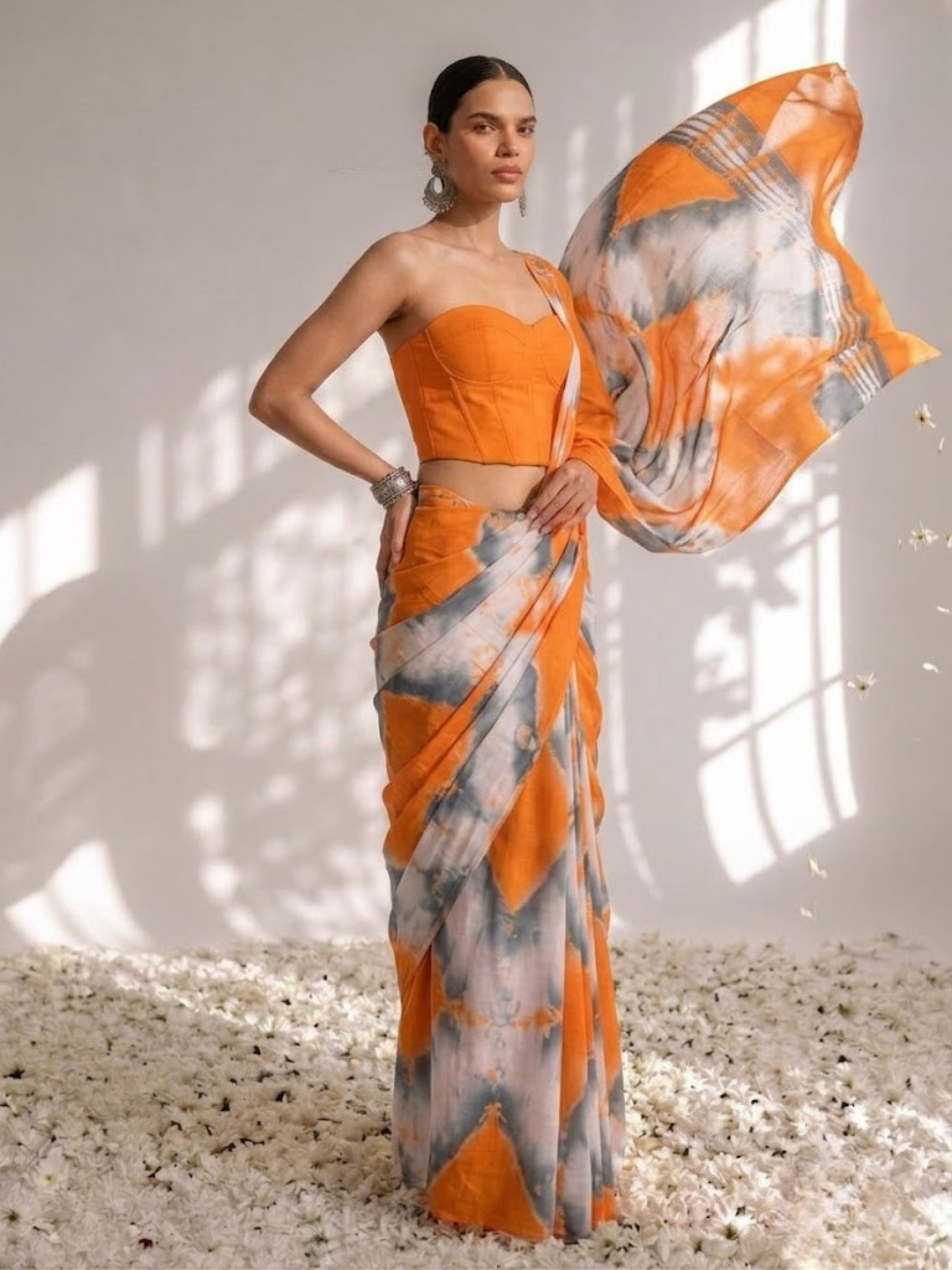 Orange and Grey Tie Dye Cotton Saree with Blouse fabric