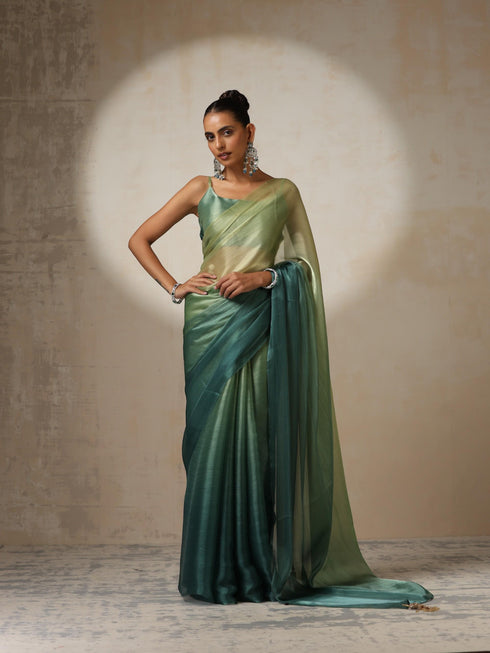 Offbeat Green Ombre Organza Saree with Pendants and Blouse Fabric
