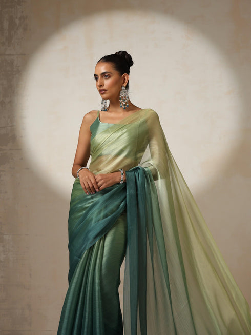 Offbeat Green Ombre Organza Saree with Pendants and Blouse Fabric