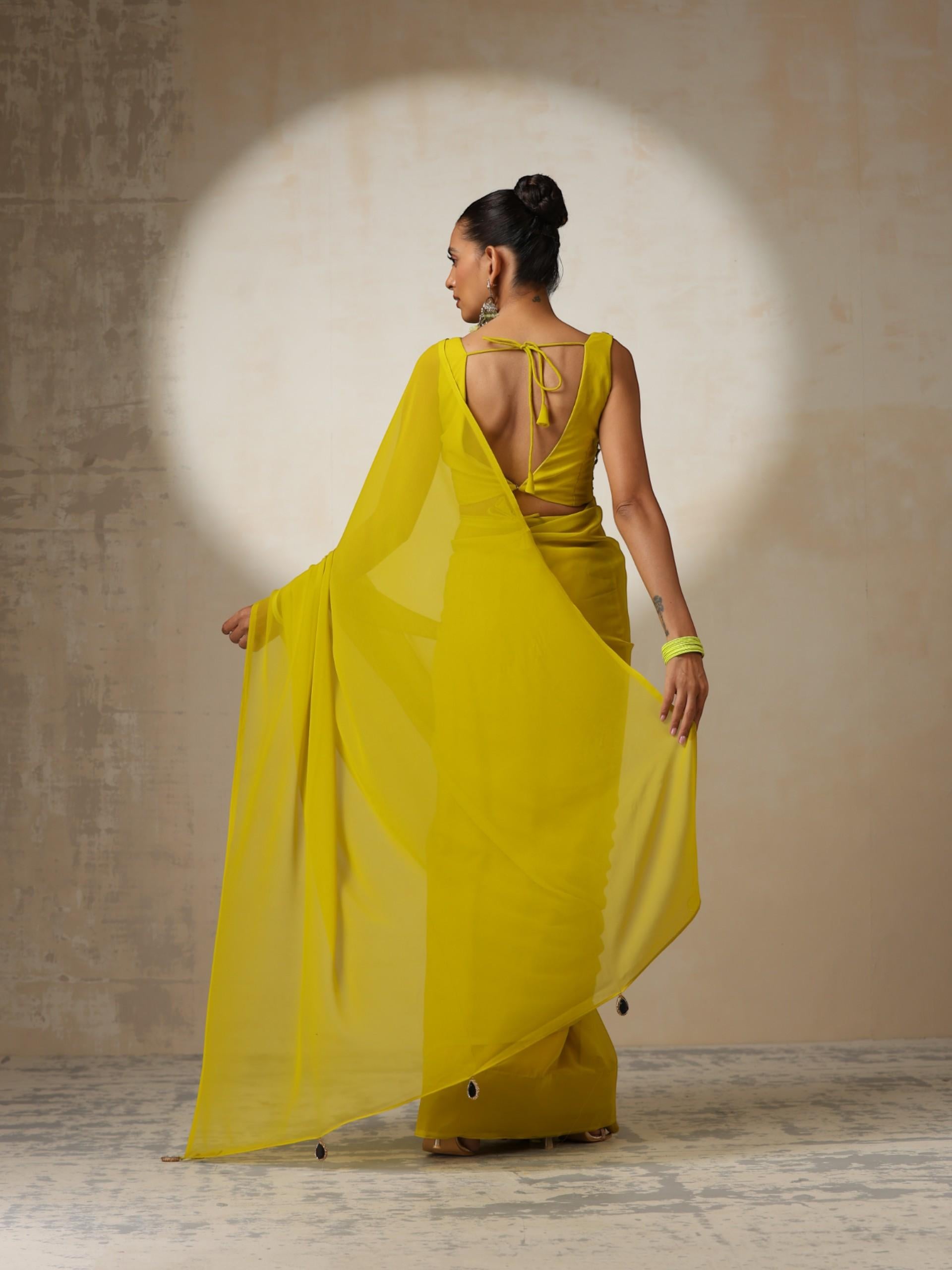 Highlighter Chiffon Saree with Mirror Pendants and Blouse Fabric and Mirror Lace