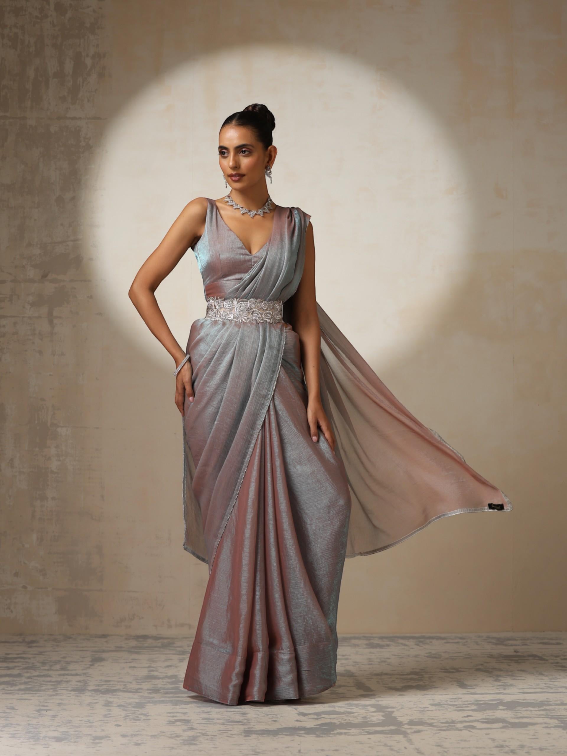 Burnt Sky Mettalic Satin Saree with Diamond lace on Edges with Blouse Fabric