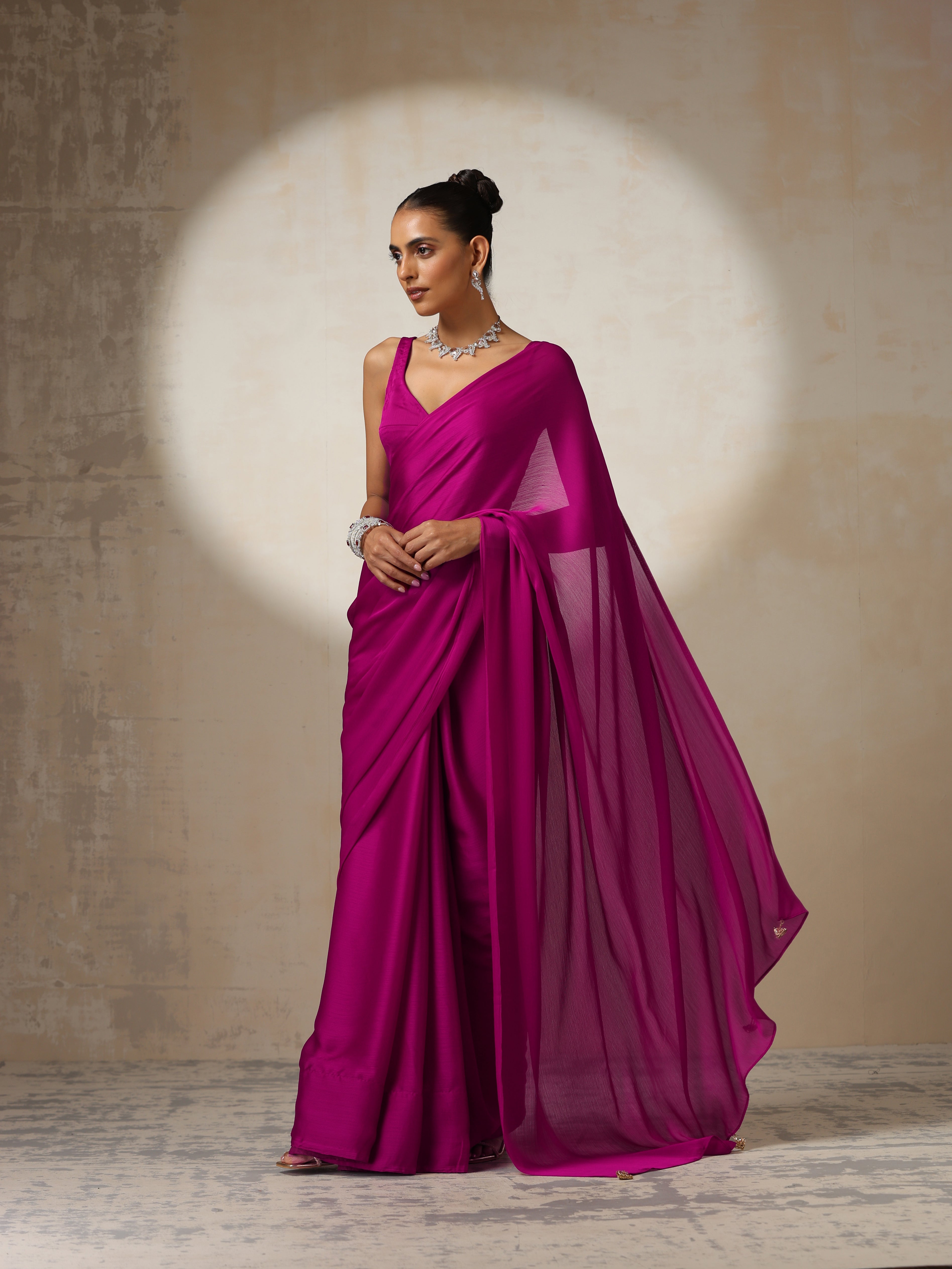 Rebel Pink Butter Chiffon Saree with Pendants and Blouse Fabric