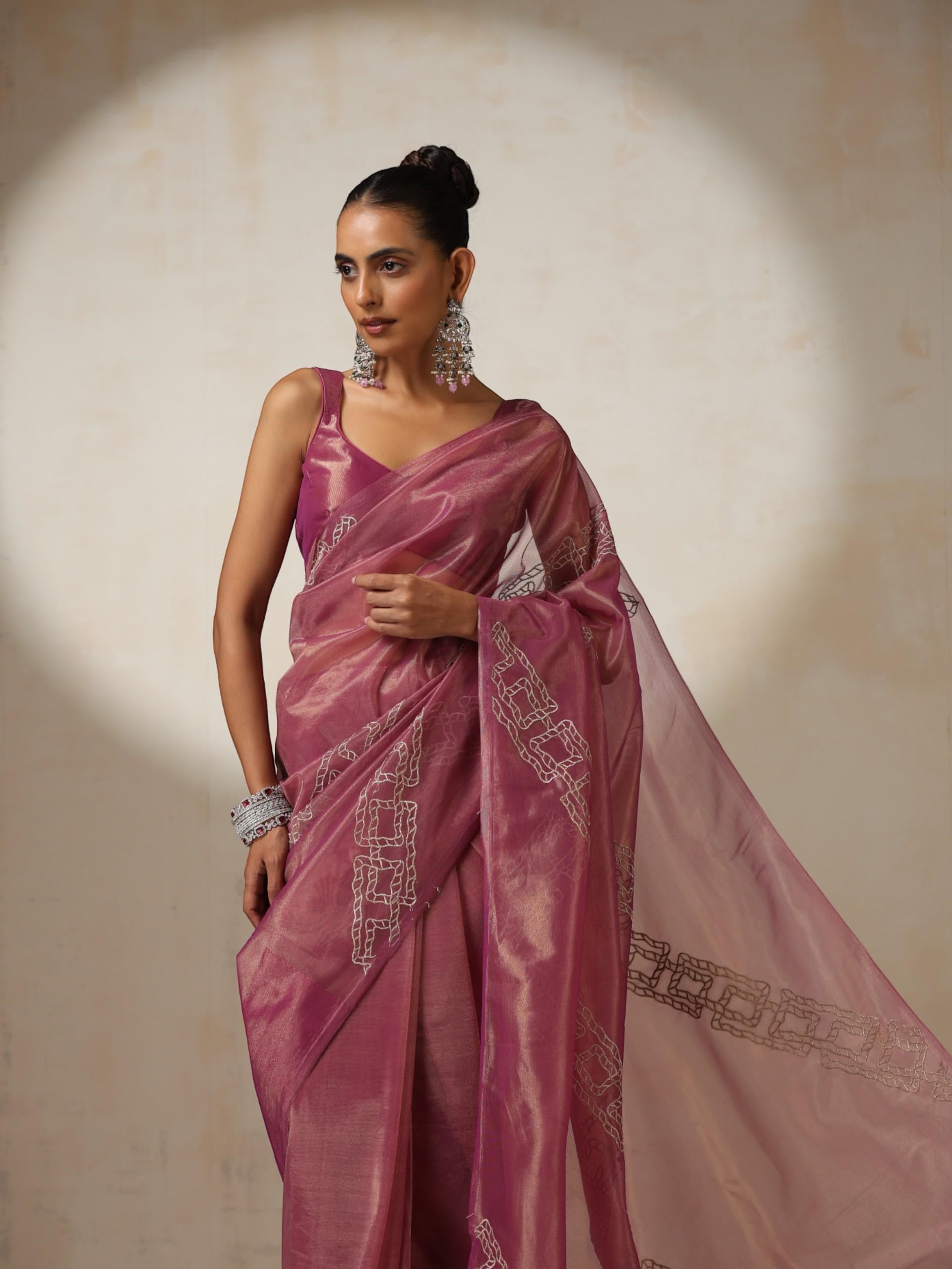 Pink Gold Soft Organza Saree with Zari Embroidery and Blouse Fabric